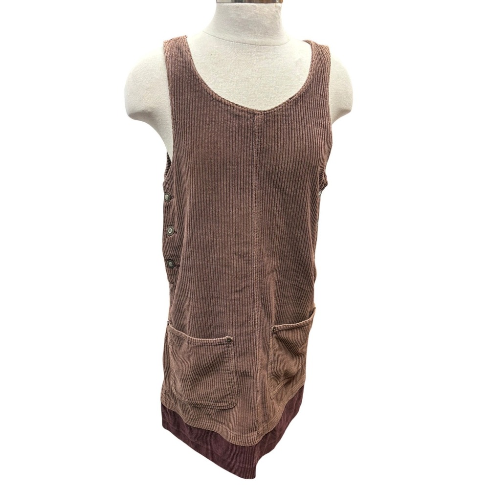 Vintage Express Brown Corduroy Jumper Dress Button Side Pocket Mini Overall M